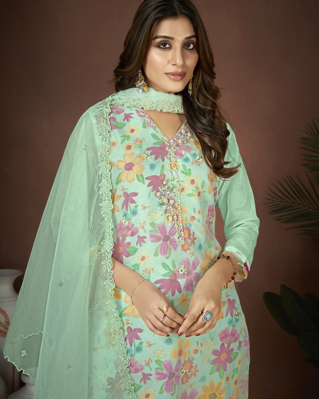 Ice Mint Organza Embroidered Readymade Pant Kameez For Festival