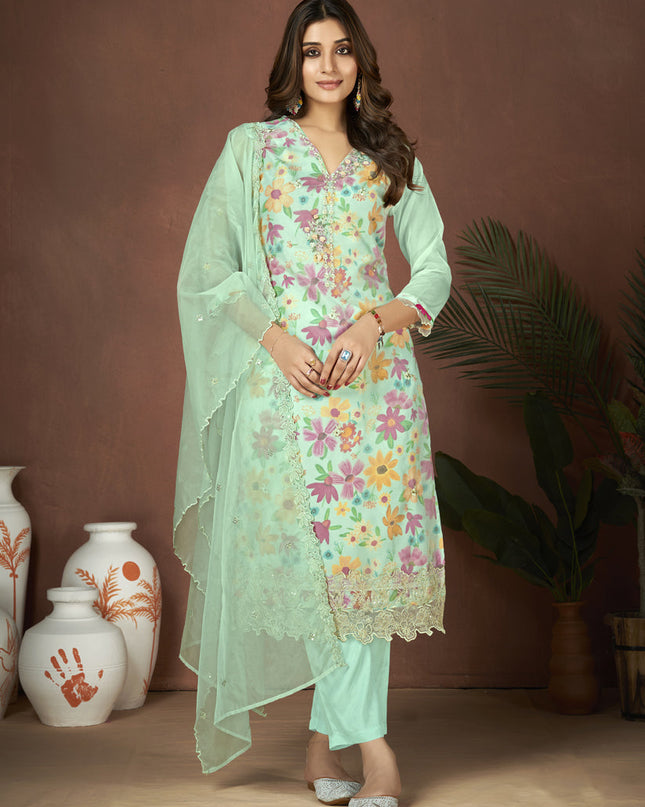 Ice Mint Organza Embroidered Readymade Pant Kameez For Festival