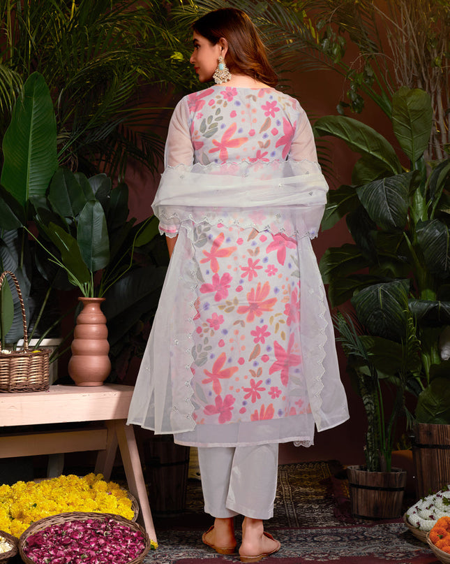 Soft Grey Organza Embroidered Readymade Pant Kameez For Festival