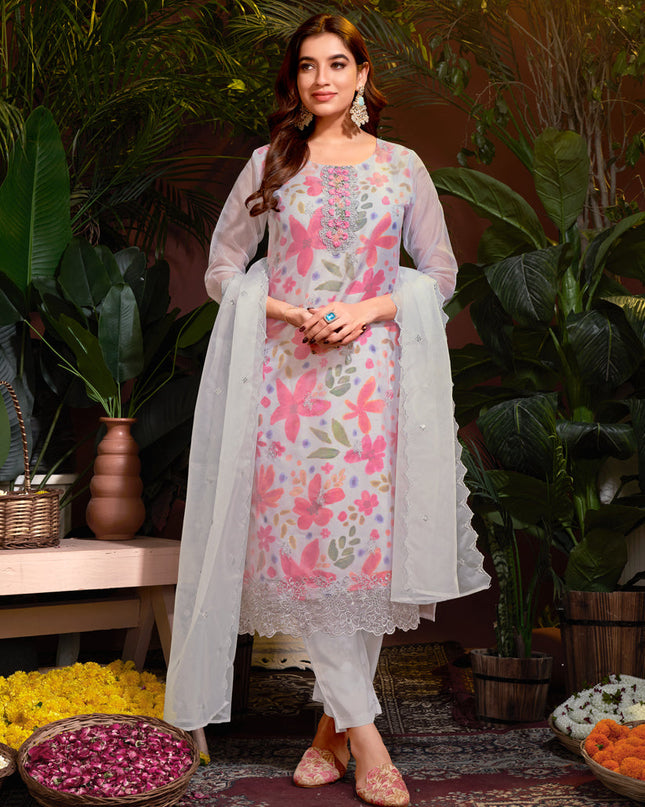 Soft Grey Organza Embroidered Readymade Pant Kameez For Festival