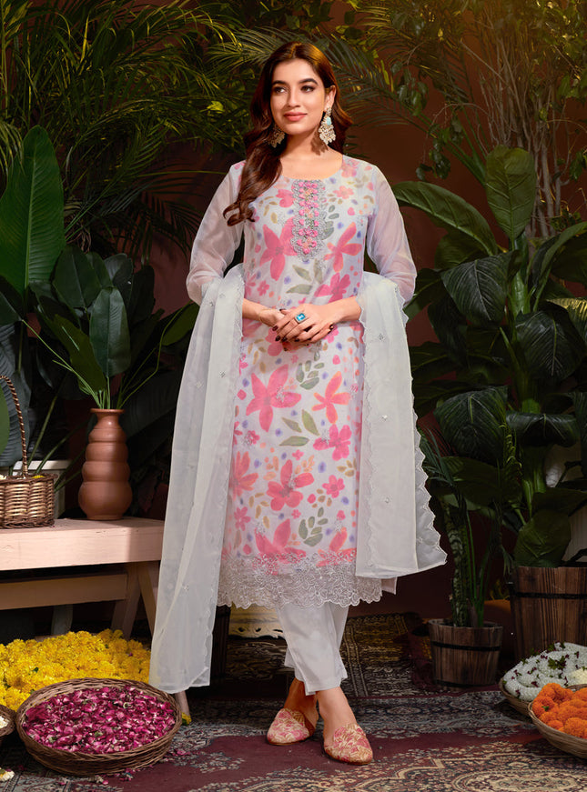 Soft Grey Organza Embroidered Readymade Pant Kameez For Festival