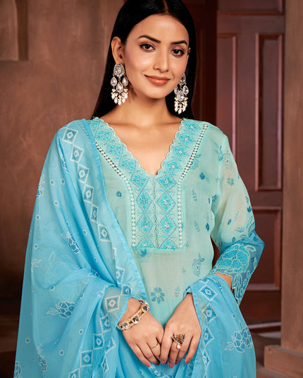 Ice Blue and Sky Blue Organza Readymade Pant Kameez