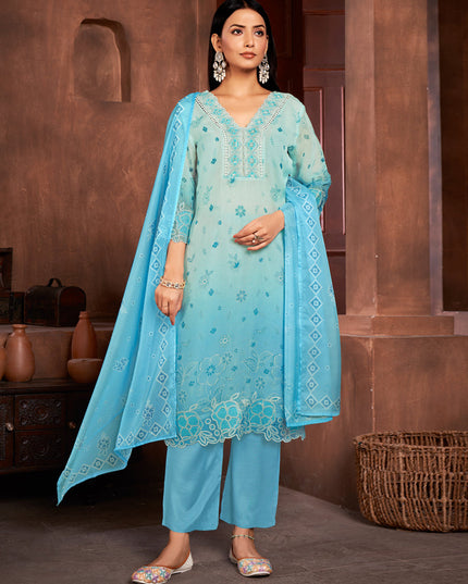 Ice Blue and Sky Blue Organza Readymade Pant Kameez