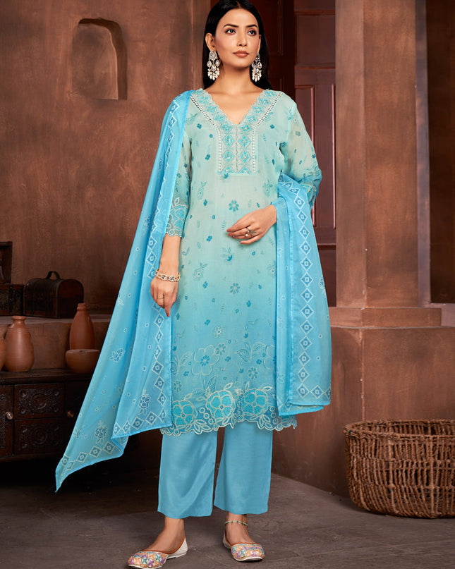Ice Blue and Sky Blue Organza Readymade Pant Kameez