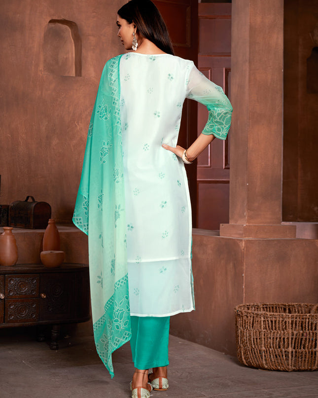 White and Sea Green Organza Readymade Pant Kameez