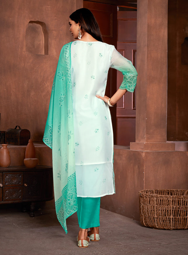 White and Sea Green Organza Readymade Pant Kameez