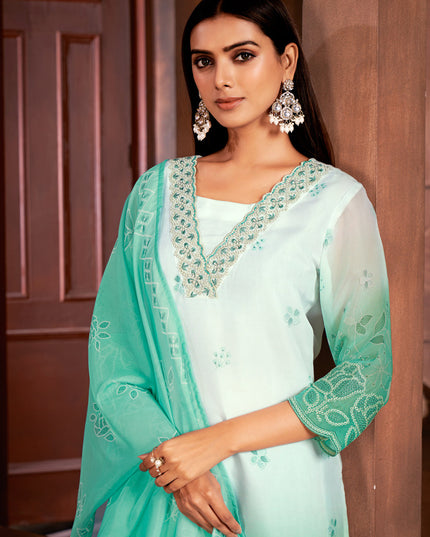 White and Sea Green Organza Readymade Pant Kameez