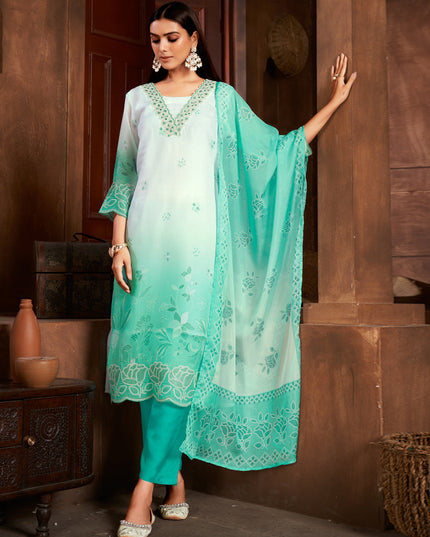White and Sea Green Organza Readymade Pant Kameez