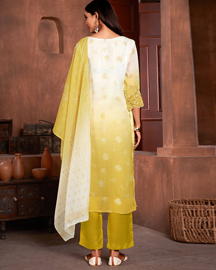 White and Maize Yellow Organza Readymade Pant Kameez