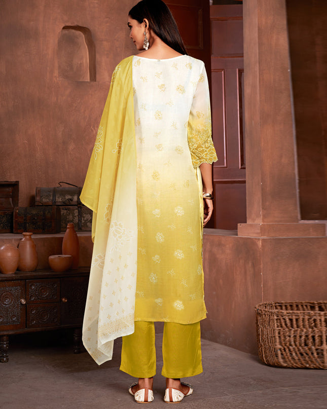 White and Maize Yellow Organza Readymade Pant Kameez