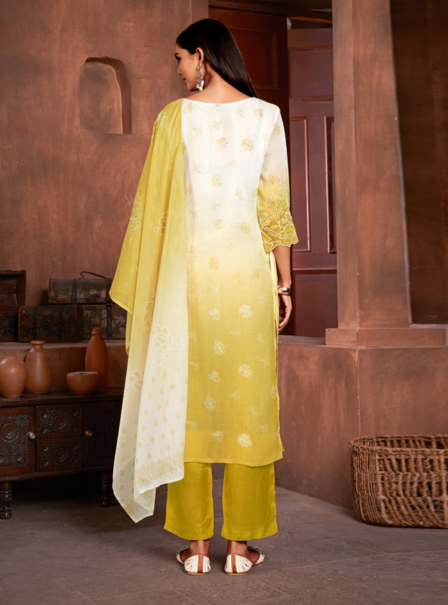 White and Maize Yellow Organza Readymade Pant Kameez