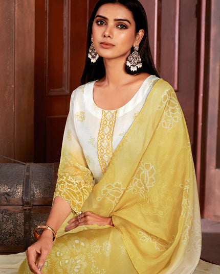 White and Maize Yellow Organza Readymade Pant Kameez
