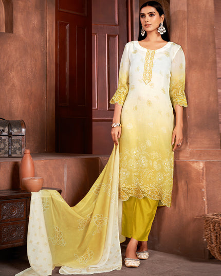 White and Maize Yellow Organza Readymade Pant Kameez
