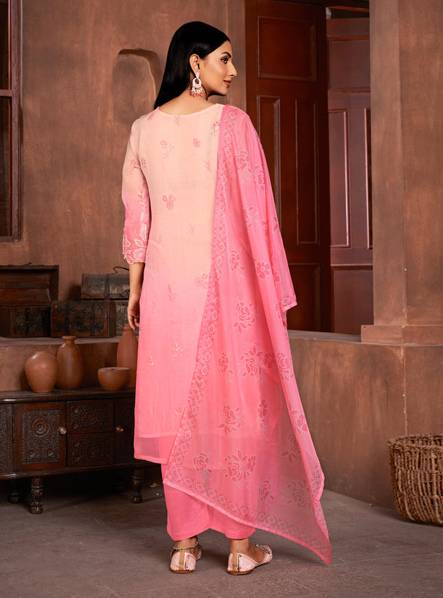 Blush Peach and Cherry Pink Organza Readymade Pant Kameez