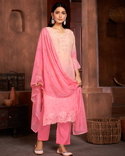 Blush Peach and Cherry Pink Organza Readymade Pant Kameez