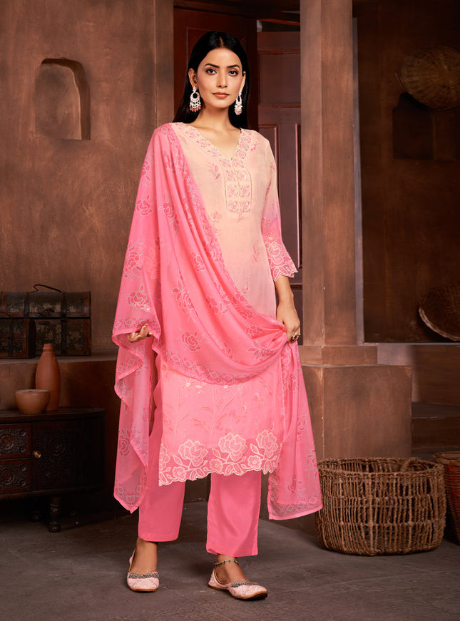 Blush Peach and Cherry Pink Organza Readymade Pant Kameez