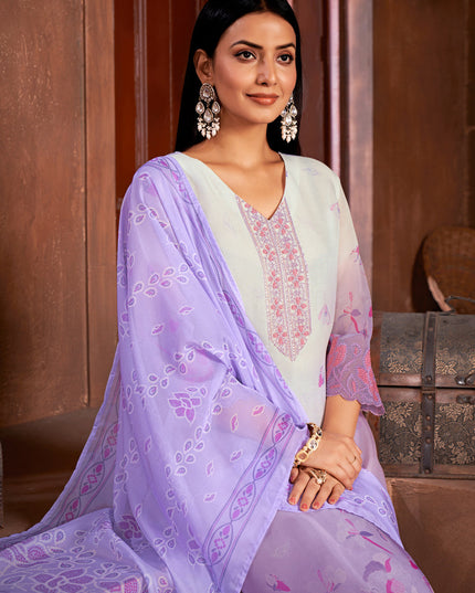 Lavender and White Organza Readymade Pant Kameez
