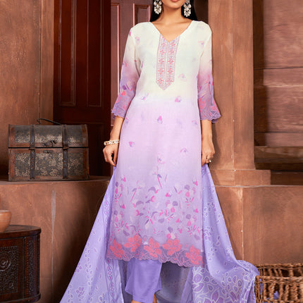 Lavender and White Organza Readymade Pant Kameez