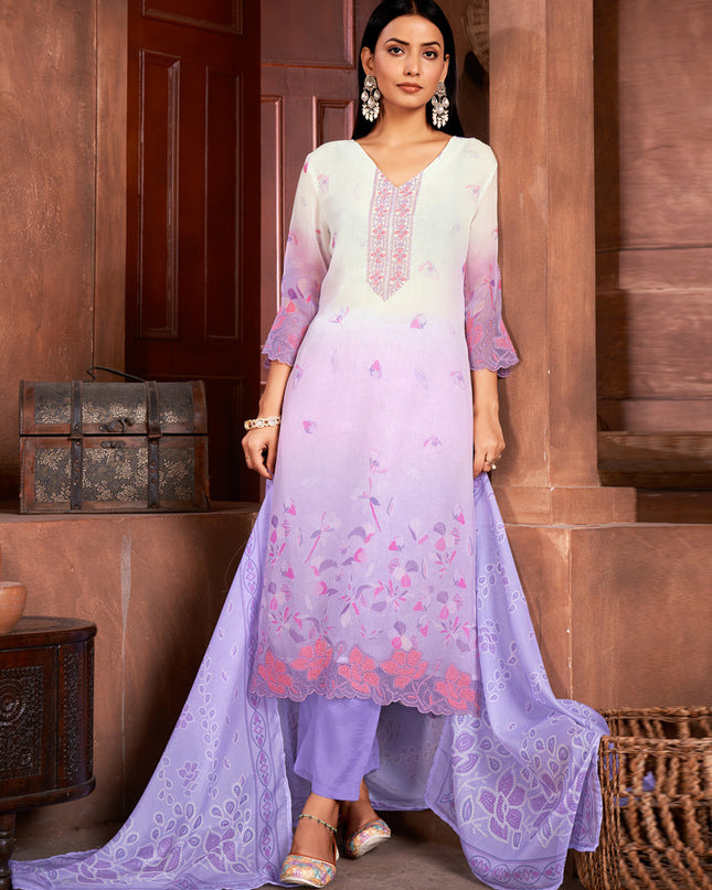 Lavender and White Organza Readymade Pant Kameez