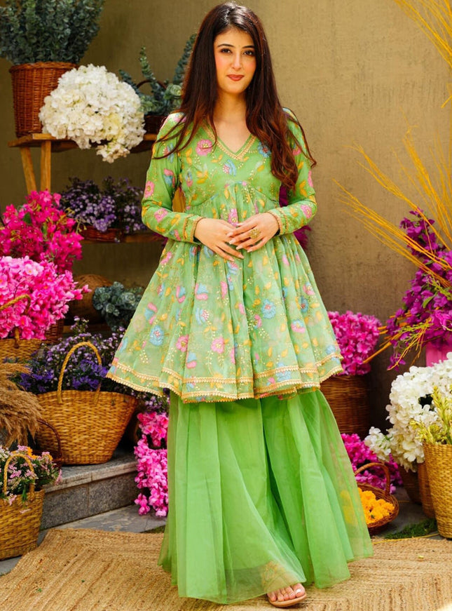 Pista Green Organza Readymade Wedding Sharara Suit