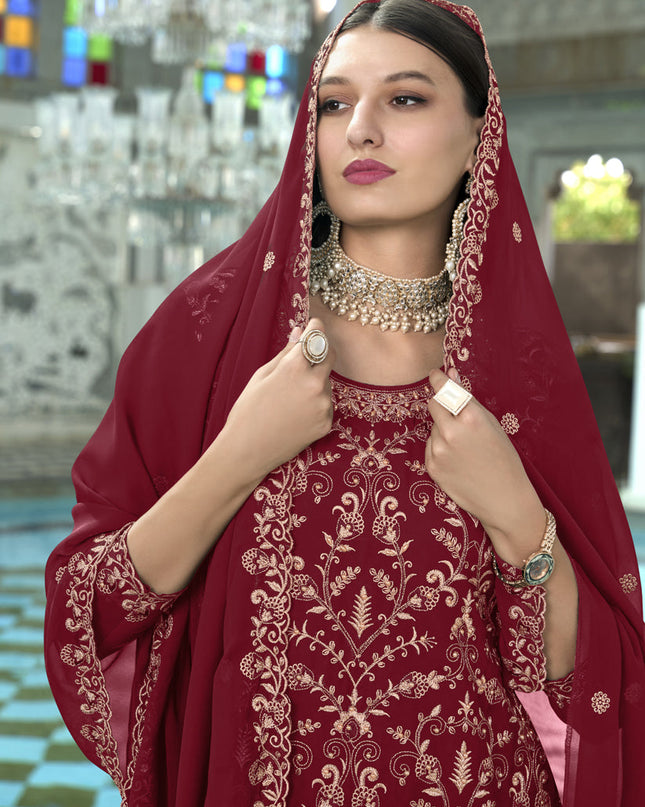 Maroon Faux Georgette Embroidered Readymade Pant Kameez