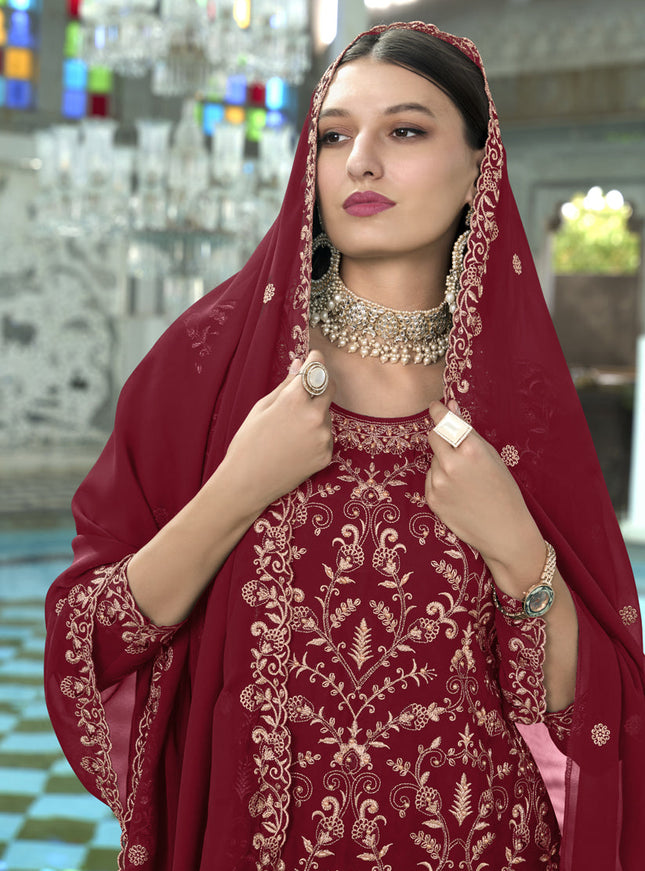Maroon Faux Georgette Embroidered Readymade Pant Kameez