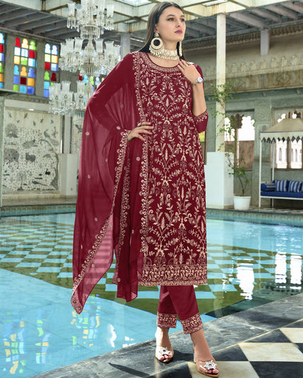Maroon Faux Georgette Embroidered Readymade Pant Kameez