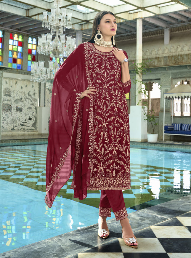 Maroon Faux Georgette Embroidered Readymade Pant Kameez
