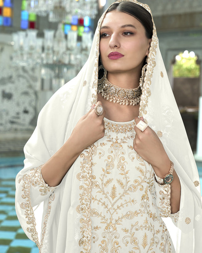 White Faux Georgette Embroidered Readymade Pant Kameez