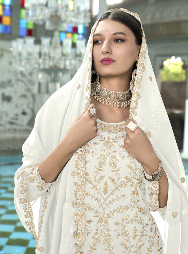 White Faux Georgette Embroidered Readymade Pant Kameez