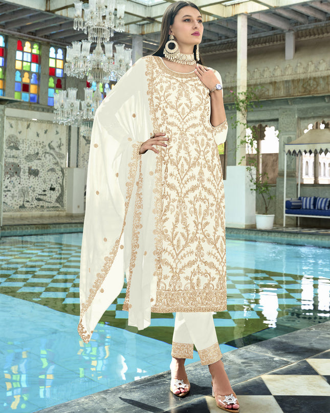 White Faux Georgette Embroidered Readymade Pant Kameez