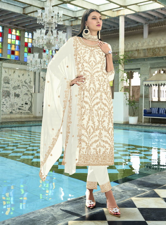 White Faux Georgette Embroidered Readymade Pant Kameez