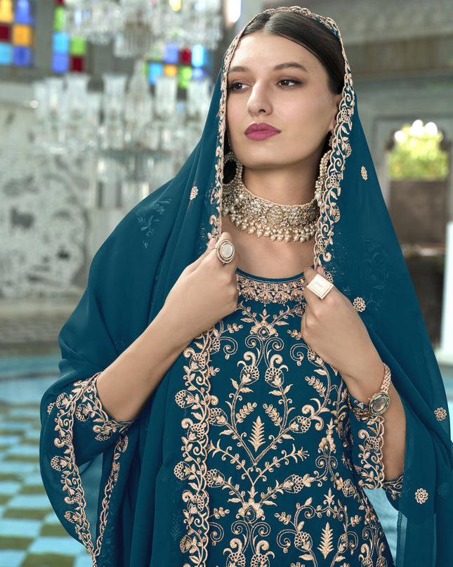 Peacock Blue Faux Georgette Embroidered Readymade Pant Kameez