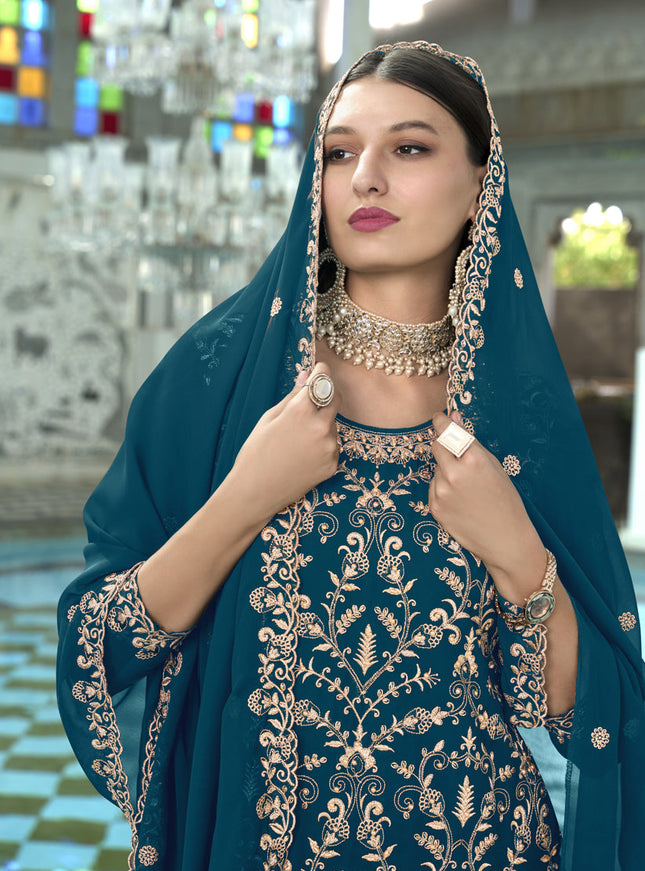 Peacock Blue Faux Georgette Embroidered Readymade Pant Kameez