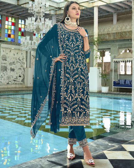 Peacock Blue Faux Georgette Embroidered Readymade Pant Kameez