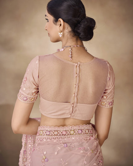 Coral Pink Net Embroidered Designer Wedding Saree