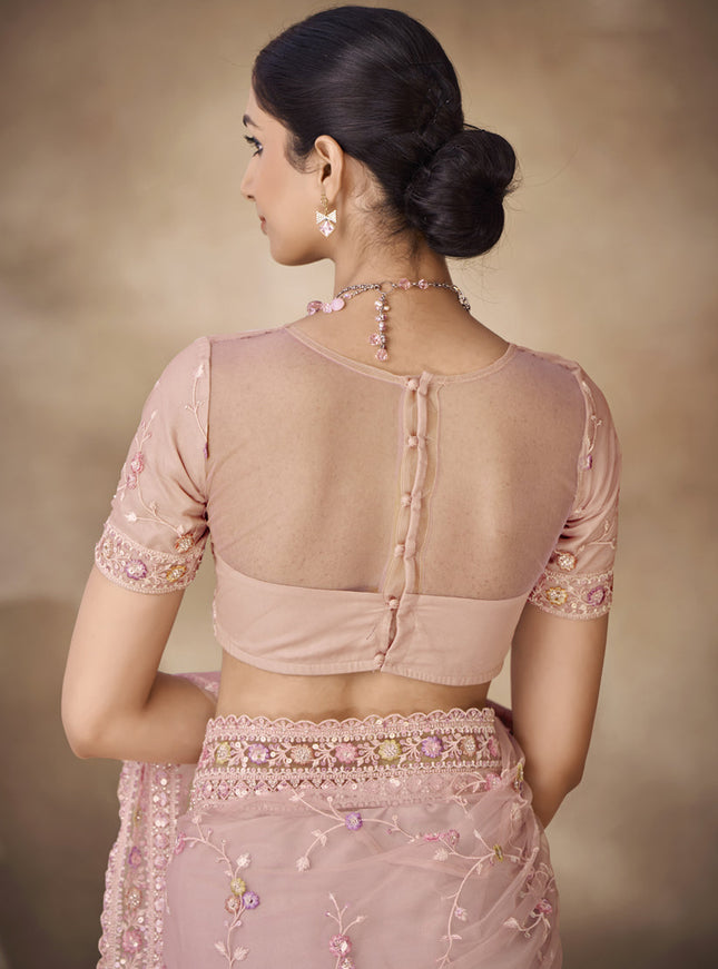 Coral Pink Net Embroidered Designer Wedding Saree