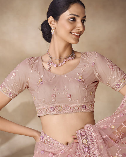 Coral Pink Net Embroidered Designer Wedding Saree