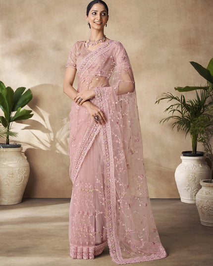 Coral Pink Net Embroidered Designer Wedding Saree