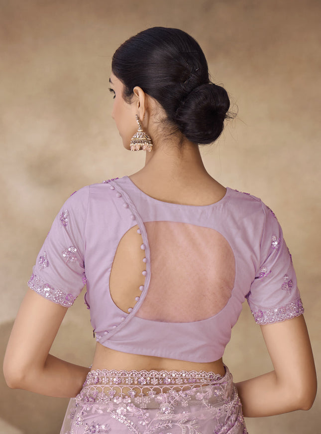 Lilac Net Embroidered Designer Wedding Saree
