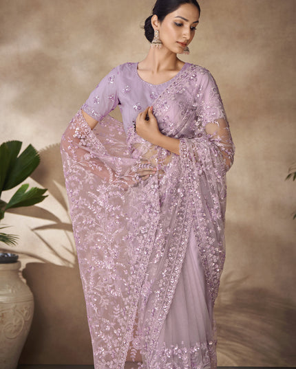 Lilac Net Embroidered Designer Wedding Saree