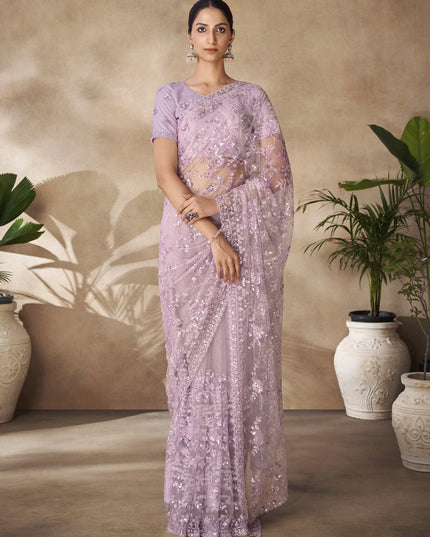 Lilac Net Embroidered Designer Wedding Saree