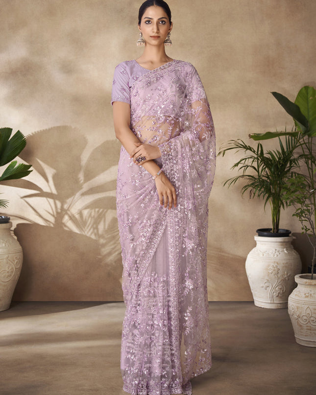 Lilac Net Embroidered Designer Wedding Saree