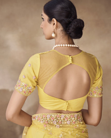 Lemon Yellow Net Embroidered Designer Wedding Saree