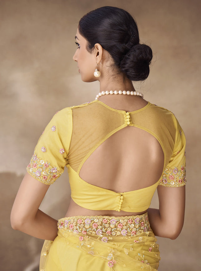 Lemon Yellow Net Embroidered Designer Wedding Saree