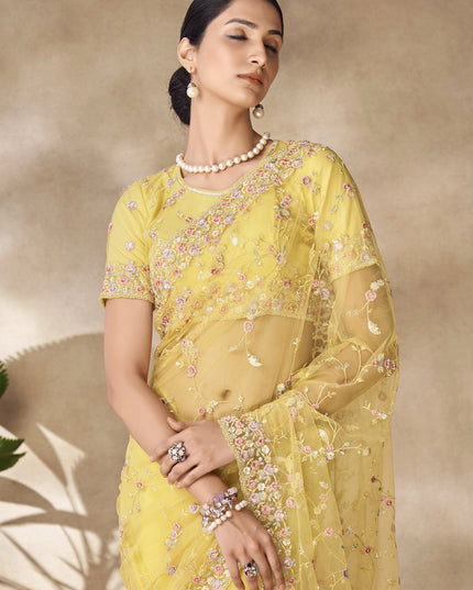 Lemon Yellow Net Embroidered Designer Wedding Saree