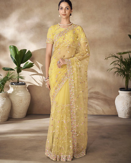 Lemon Yellow Net Embroidered Designer Wedding Saree