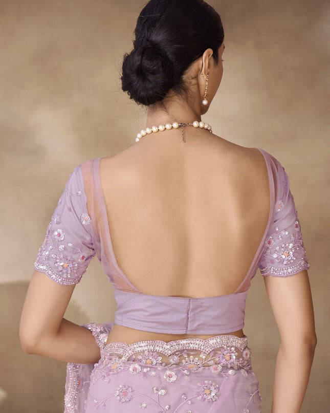 Lilac Net Embroidered Designer Wedding Saree