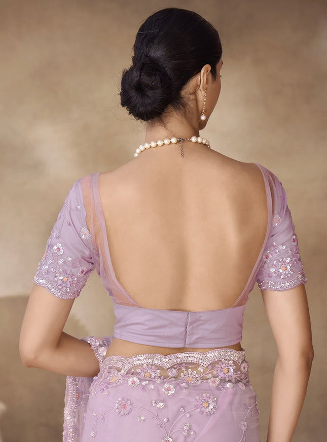 Lilac Net Embroidered Designer Wedding Saree