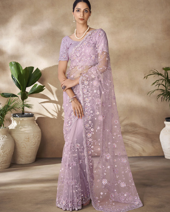 Lilac Net Embroidered Designer Wedding Saree